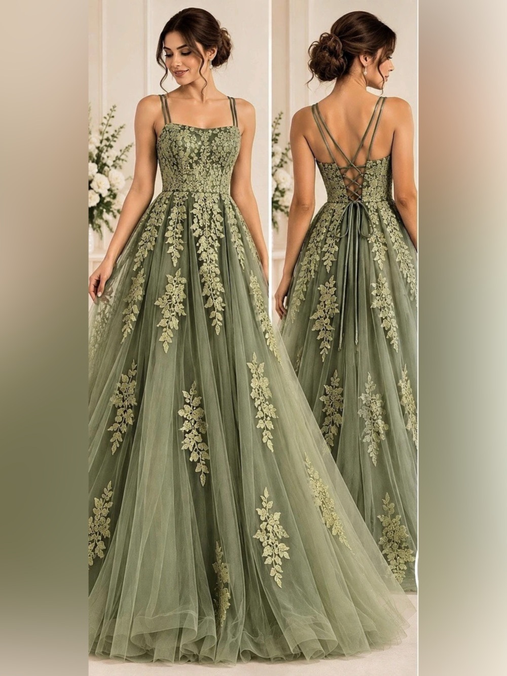 Suzhou Dress Olive Green Floral Embroidered Tulle Corset Formal Gown NWT